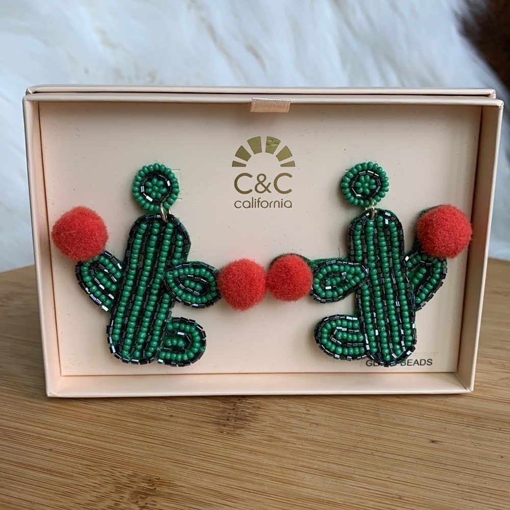 C&C California | Green Red Glass Beaded Cactus Pom Pom Earrings NIB